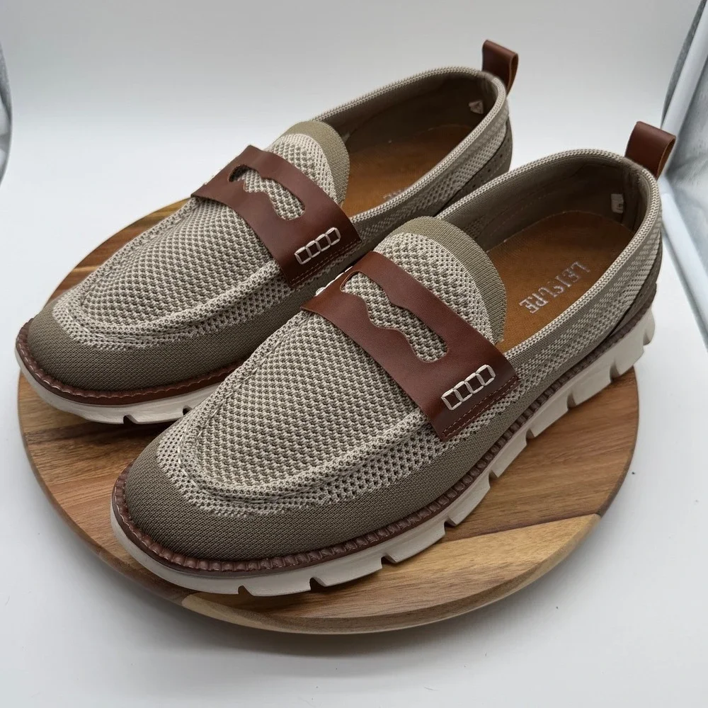 Leisure Men's EU 47 / US 13 1/2 Knit Penny Loafers Tan‎ Brown Slip On Shoes 0525